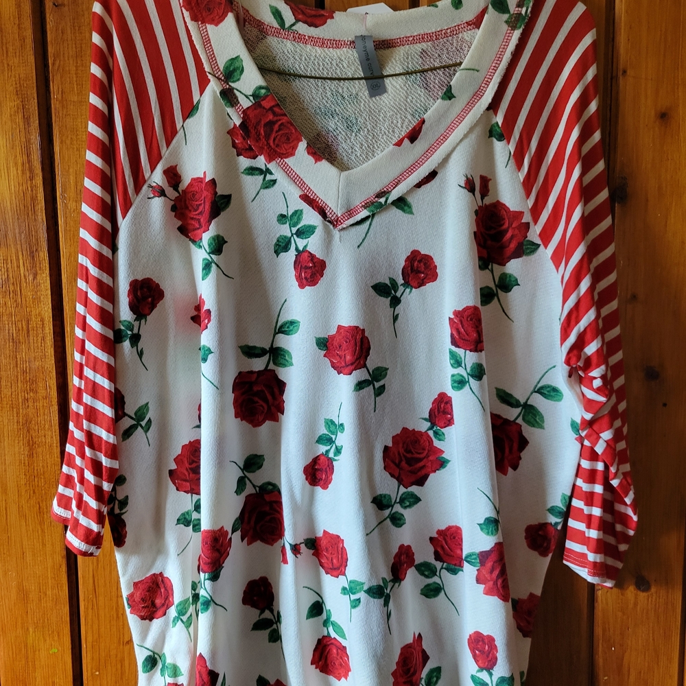 Honeyme Red Floral and Stripe Long Sleeve Top